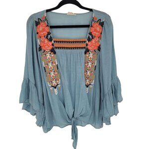 B. womens Large RN Entry light blue floral embroidered blouse boho tie front